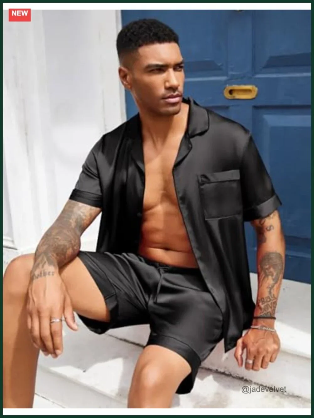 Mens Silk Satin Pajamas Set Short Sleeve Button Up Lounge Pjs with Pockets